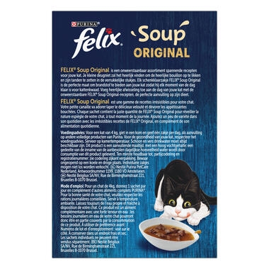 Achterkant Verpakking PURINA® FELIX® SOUP Farm kattensoep met vlees en gevogelte