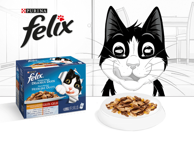 Felix avec sa nourriture humide pour chat Felix Délicieux Duos