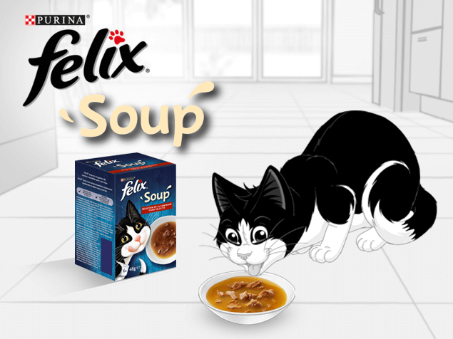 Felix met zijn natte kattenvoeding van Felix Soup