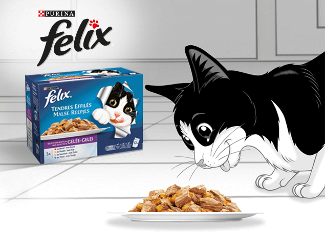 Felix avec sa nourriture humide pour chat Felix Tendres Effilés