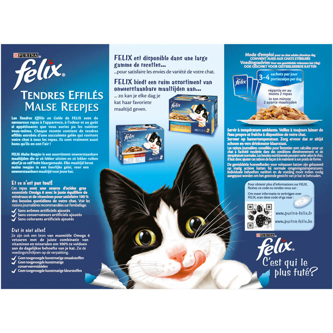 Purina - Pâtée pour chat FELIX Tendres Effilés en Gelée Viandes-Poissons 44  Sachets x 100g - Alimentation humide pour chat - Rue du Commerce