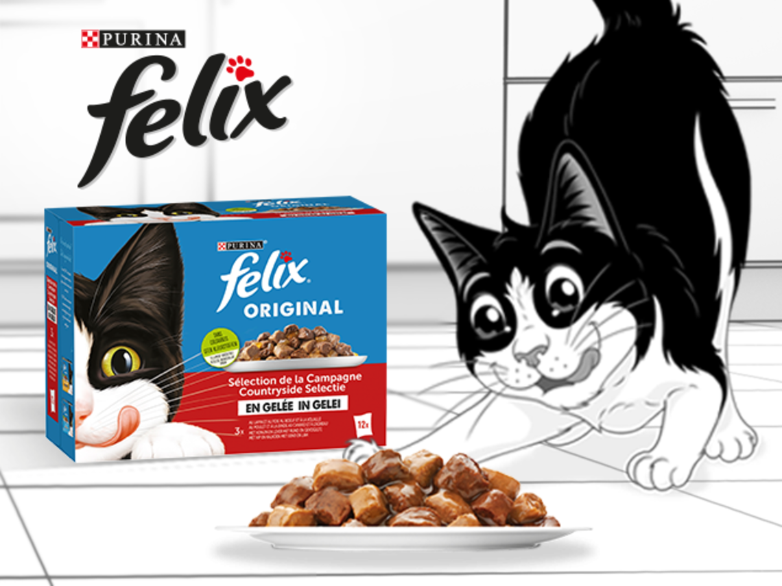 Felix met zijn natte kattenvoeding van Felix Selectie