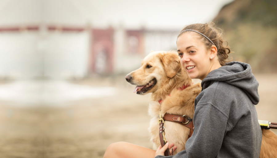 Femme avec son chien labrador en laisse