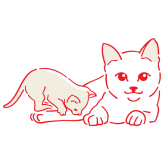 Croquis d'un chat adulte qui se couche pendant qu'un chaton lui grimpe dessus