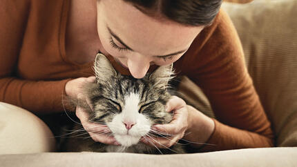 Femme penchée au-dessus du chat pour un baiser