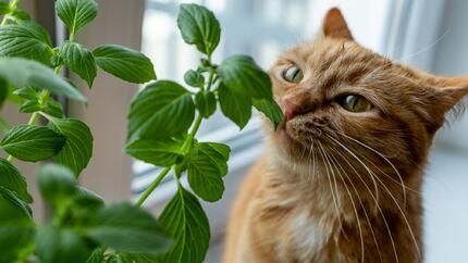 rosse tijgerkat ruikt aan verse basilicum