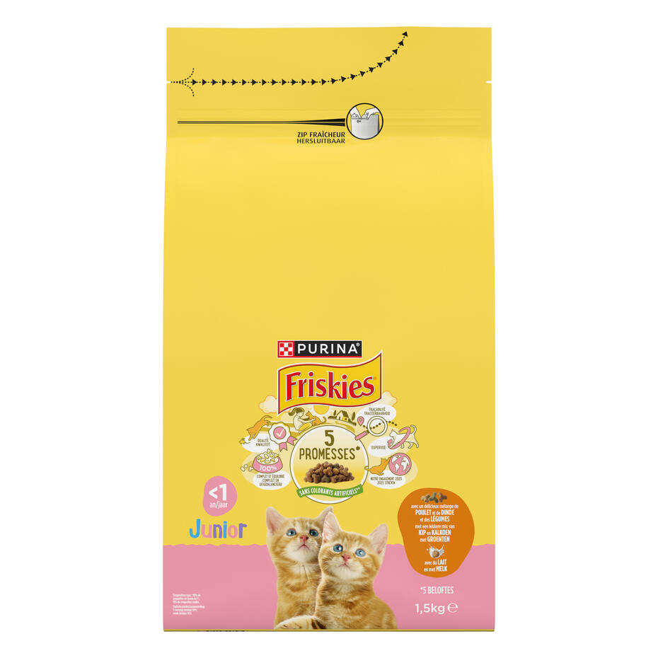 FRISKIES® JUNIOR Croquettes pour chaton au Poulet ou Dinde avec du Lait et Légumes