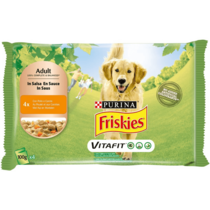 Emballage FRISKIES® ADULT Aliment humide pour chien au poulet et aux carottes en sauce