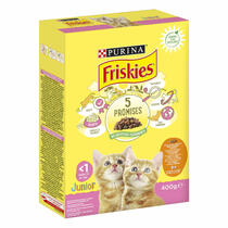 Emballage Avant FRISKIES® JUNIOR Croquettes pour chaton au Poulet ou Dinde avec du Lait et Légumes 400g 