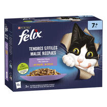 Verpakking PURINA® FELIX® MALSE REEPJES Senior in gelei met rund, kip, zalm en tonijn