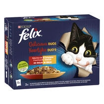 Verpakking PURINA® FELIX® HEERLIJKE DUO'S maaltijdzakjes met vlees en gevogelte