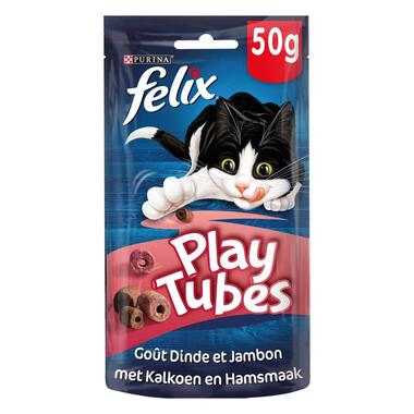 Verpakking PURINA® FELIX® PLAYTUBES snacks voor katten met kalkoen en ham
