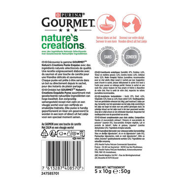 Dos d'emballage PURINA GOURMET® Nature's Creations Purée avec du Saumon et une touche de Carotte