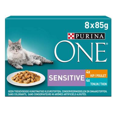 Emballage Purina ONE® Sensitive Sachets fraîcheur chat sensible riches en poulet ou Thon