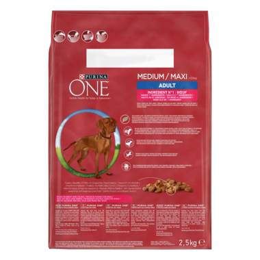 Alimentation chien PURINA ONE® Medium/Maxi >10kg Adulte Bœuf l'arrière du packaging