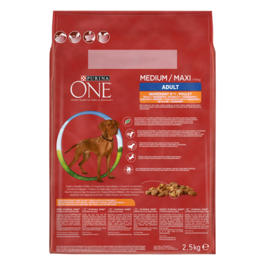 Alimentation chien PURINA ONE® Medium/Maxi >10kg Adulte l'arrière du packaging Poulet