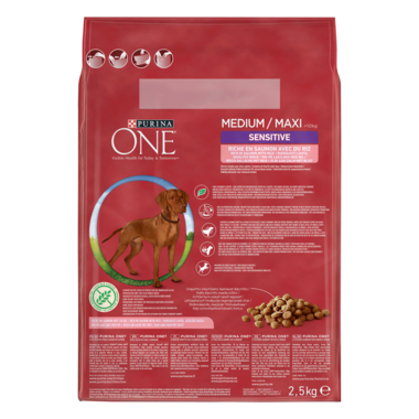 Alimentation chien PURINA ONE® Medium/Maxi >10kg Adulte Sensitive l'arrière du packaging