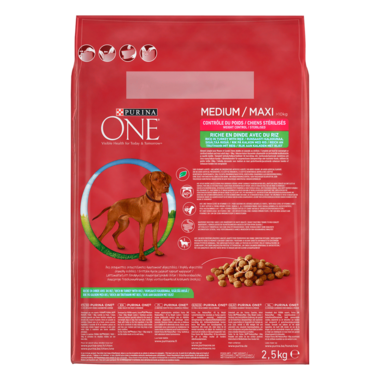 Alimentation chien PURINA ONE® Medium/Maxi Poids Optimal l'arrière du packaging