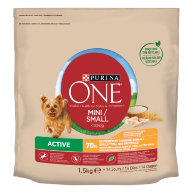 Een zak hondenvoeding PURINA ONE® Mini/Small <10kg Active