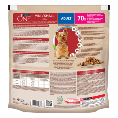 Achterkant van het pak hondenvoeding PURINA ONE® Mini/Small <10kg Adult