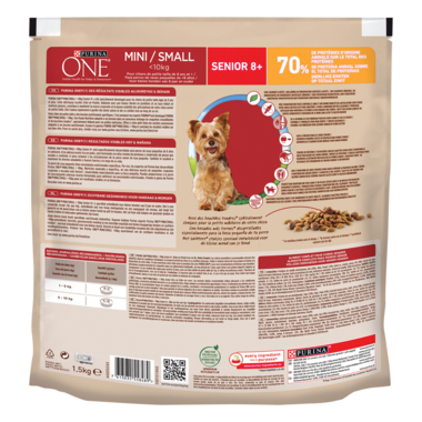 Achterkant van het pak hondenvoeding PURINA ONE® Mini/Small <10kg Senior