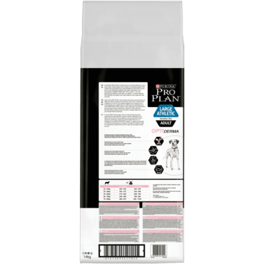 Achterzijde van de verpakking PRO PLAN® Large Athletic Adult Sensitive Skin met OPTIDERMA® Rijk aan Zalm