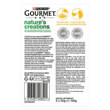 Dos d'emballage PURINA GOURMET® Nature's Creations Purée avec du Poulet et une touche de Potiron