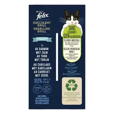 Achterkant Verpakking PURINA® FELIX® HEERLIJKE GRILL natte voeding voor katten met vis