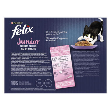Achterkant Verpakking PURINA® FELIX® MALSE REEPJES Junior natvoer met vlees en vis
