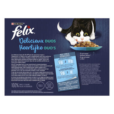 Achterkant Verpakking PURINA® FELIX® HEERLIJKE DUO'S natvoeding voor katten met vis