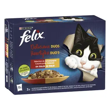 Verpakking PURINA® FELIX® HEERLIJKE DUO'S maaltijdzakjes met vlees en gevogelte