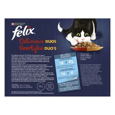 Samenstelling, Analytische bestanddelen en Toevoegingsmiddelen voor PURINA® FELIX® HEERLIJKE DUO'S maaltijdzakjes met vlees en gevogelte
