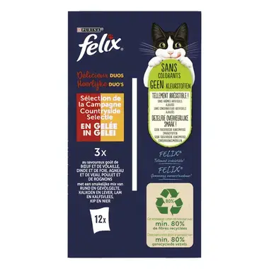 Achterkant Verpakking PURINA® FELIX® HEERLIJKE DUO'S maaltijdzakjes met vlees en gevogelte