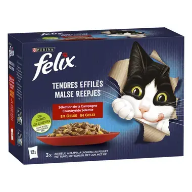 Verpakking PURINA® FELIX® MALSE REEPJES countryside selectie in gelei met vlees en gevogelte