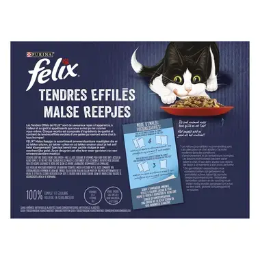 Achterkant Verpakking PURINA® FELIX® MALSE REEPJES countryside selectie in gelei met vlees en gevogelte