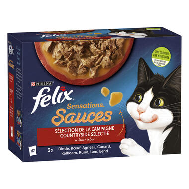 Verpakking PURINA® FELIX® SENSATIONS Saus Countryside selectie met meer saus
