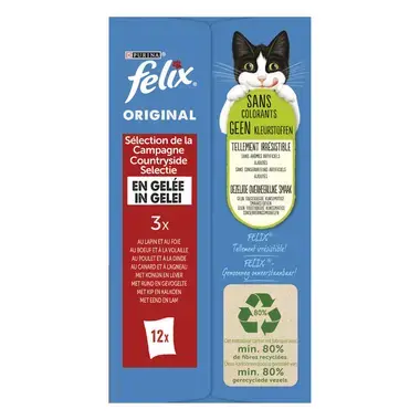 Achterkant Verpakking PURINA® FELIX® Countryside Selectie in gelei met vlees en gevogelte