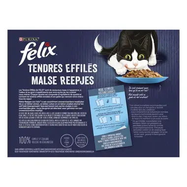 Achterkant Verpakking PURINA® FELIX® MALSE REEPJES vis selectie in gelei
