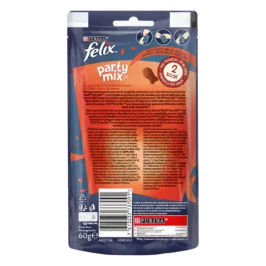 Achterkant Verpakking PURINA® FELIX® PARTY MIX Snacks Mixed Grill met rund, kip en zalm