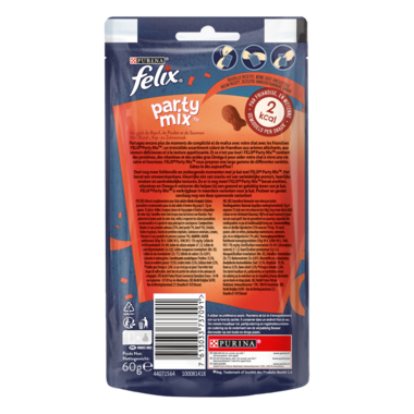 Achterkant Verpakking PURINA® FELIX® PARTY MIX Snacks Mixed Grill met rund, kip en zalm