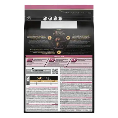 Dos de l'emballage PRO PLAN® Small & Mini Adult Sensitive Skin Riche en Saumon