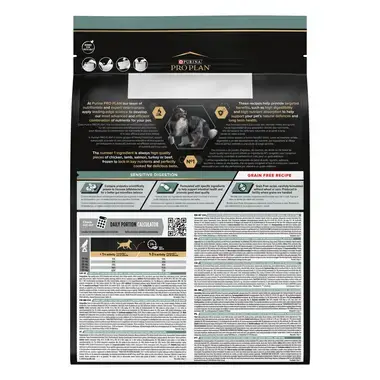 Dos de l'emballage PRO PLAN® Medium & Large Adult Sensitive Digestion GRAIN FREE Riche en Dinde