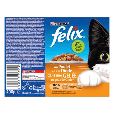 Achterkant Verpakking PURINA® FELIX® zachte kattenbrokken met kip en kalkoen in gelei