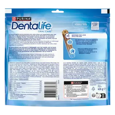 Achterkant verpakking Dentalife® kauwsticks voor grote honden tussen 25 en 40 kg
