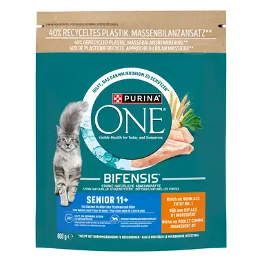 Emballage Purina ONE® Senior 11+ Alimentation chat senior au poulet et céréales complètes