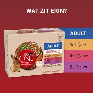 PURINA ONE® Mini/Small <10kg Adult - Natvoer rijk aan kip - rund - kalkoen - lam met rijst