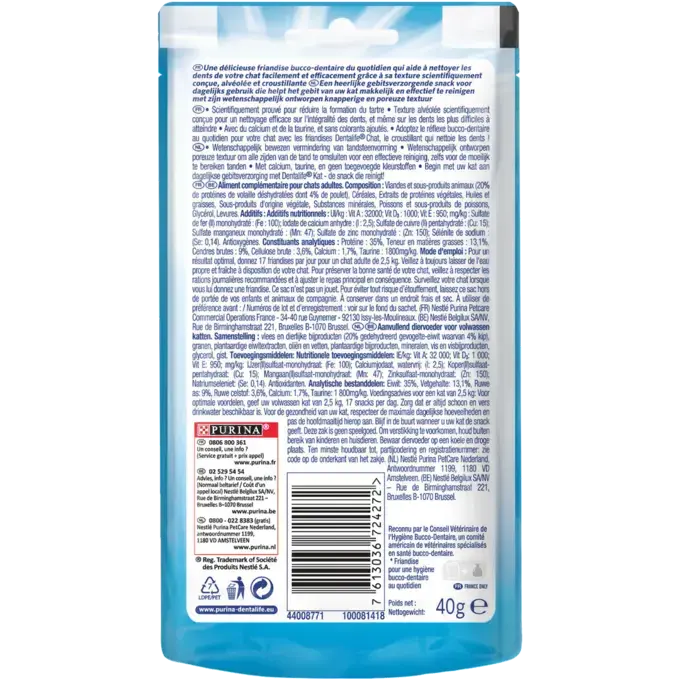 Dos de l'emballage Snack bucco-dentaire pour chat DENTALIFE® Poulet