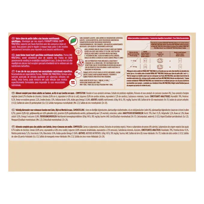 Achterkant van het pak natte hondenvoeding PURINA ONE® Mini/Small <10kg Adult 