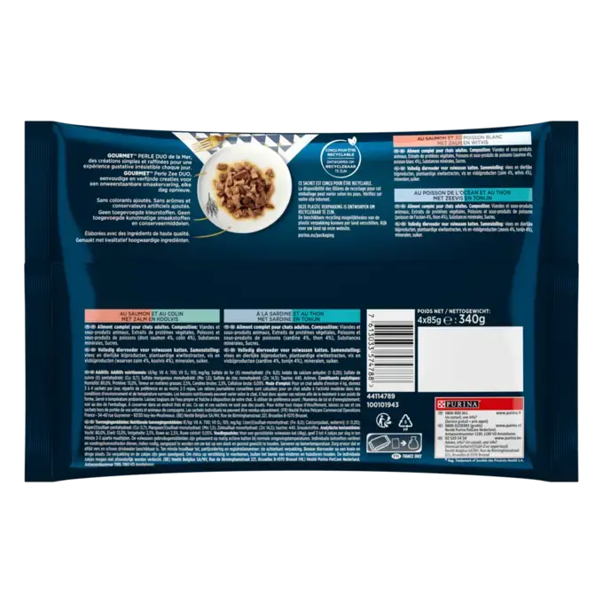 Achterkant Verpakking GOURMET® KAT DUO SMAKEN VAN VIS MINI FILETS IN SAUS