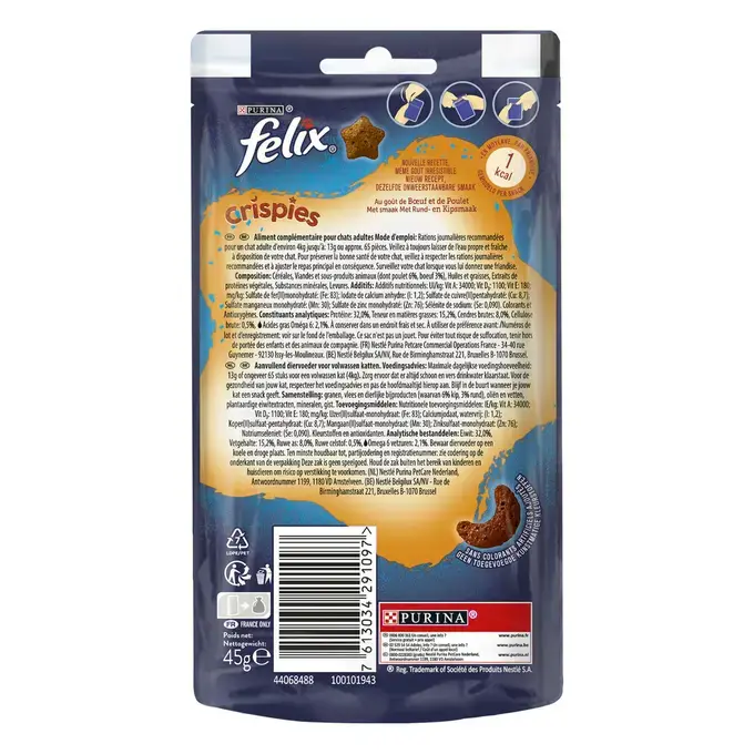 Emballage PURINA® FELIX® CRISPIES Goût de Boeuf et de Poulet